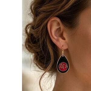 Vintage Laurel Burch Bamboo Red Black Drop Earrings Enamel Asian 80s